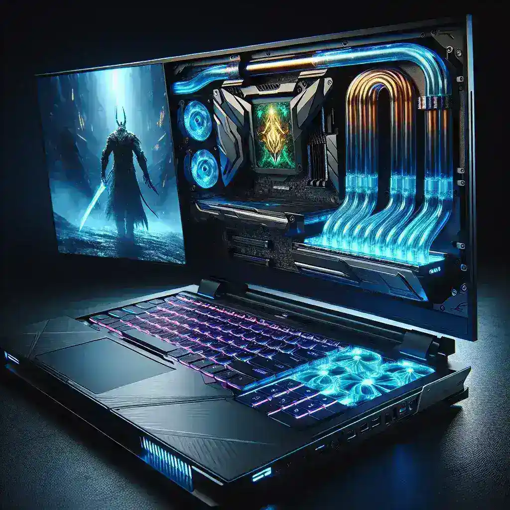 "Notebook gamer Asus com design elegante e tecnologia de refrigeração por câmaras líquidas, exibindo recursos avançados de desempenho para jogos."